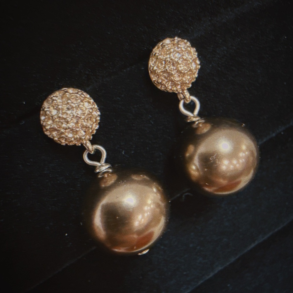 Carolee Gold Texture Large Brown Glass Pearl Earrings
